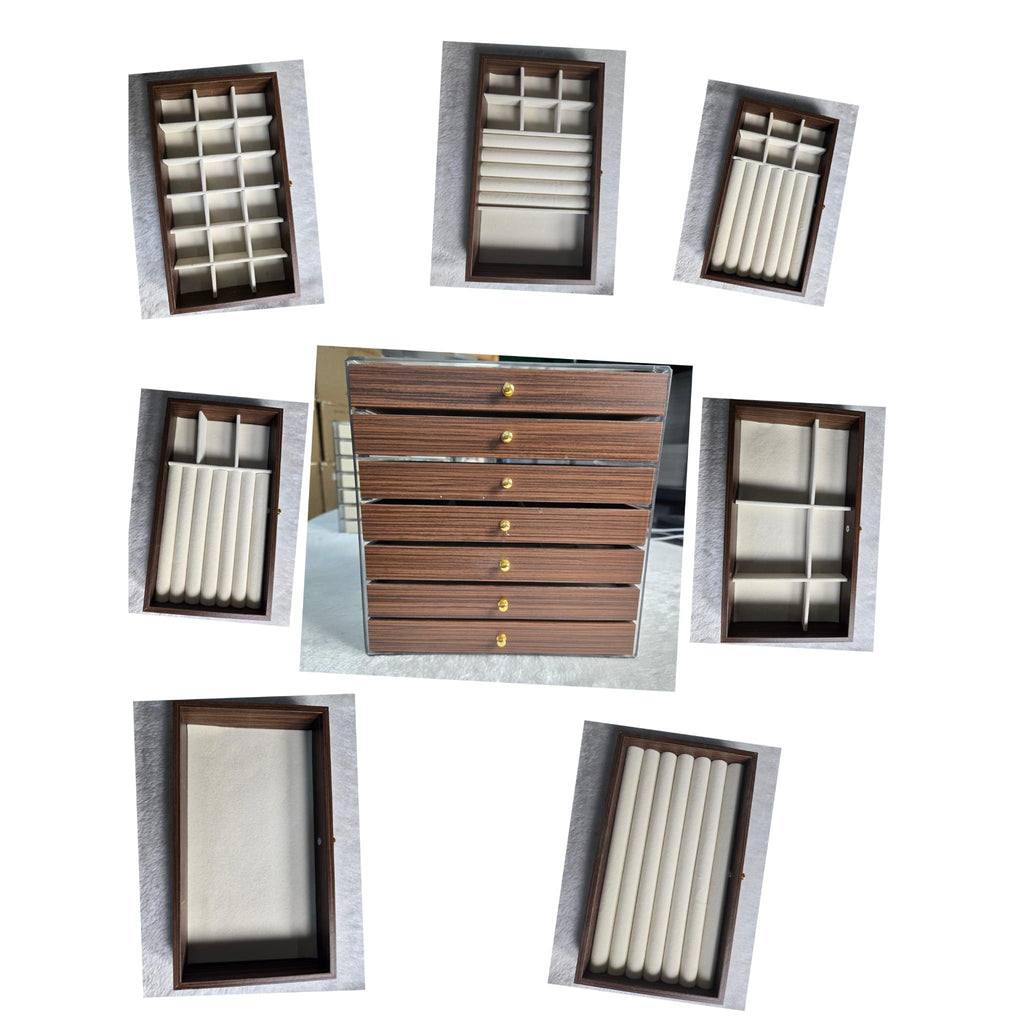 Shopclassyshop High-end jewelry storage box with walnut wood grain, multi-layer compartments for rings, studs, earrings, and accessories