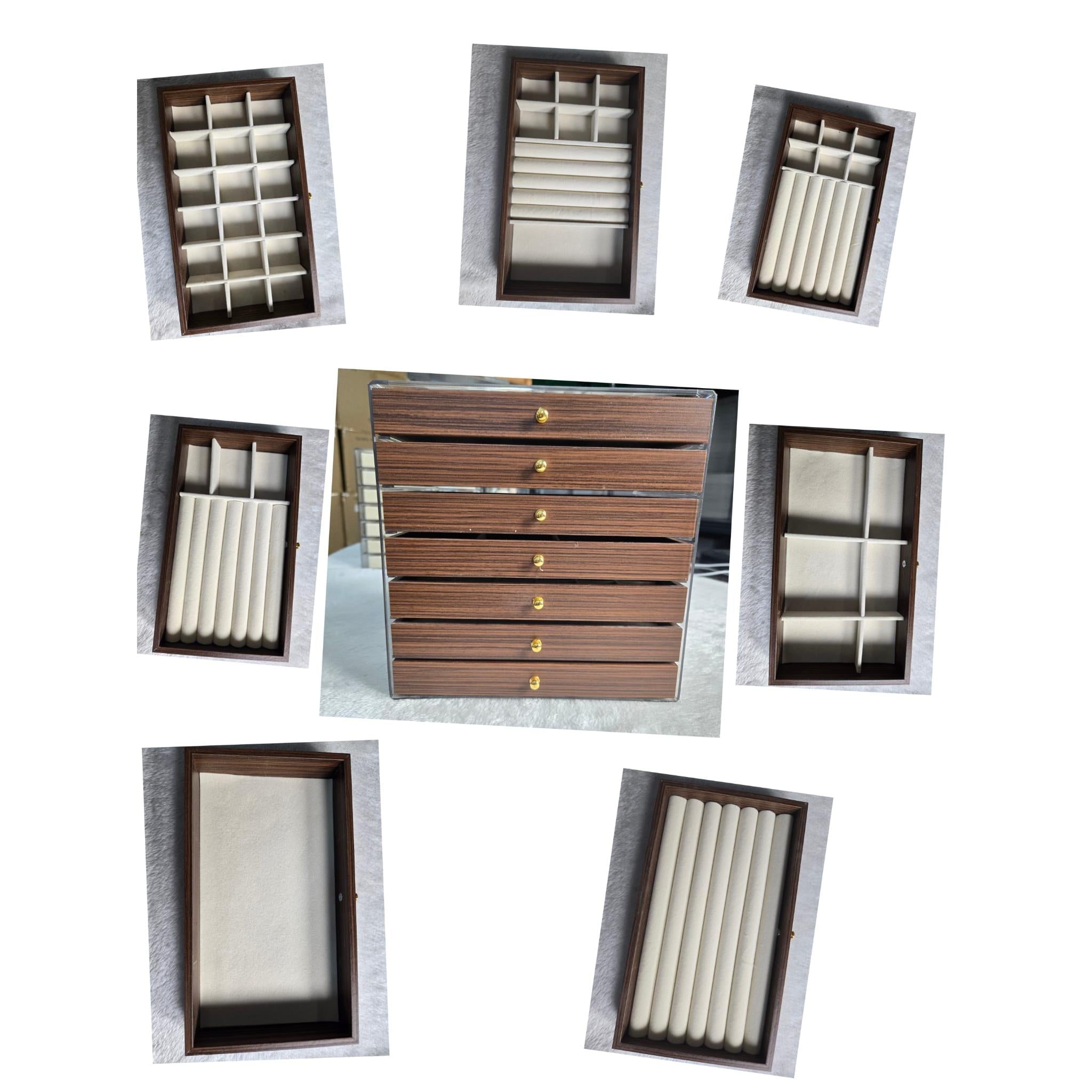 Shopclassyshop High-end jewelry storage box with walnut wood grain, multi-layer compartments for rings, studs, earrings, and accessories
