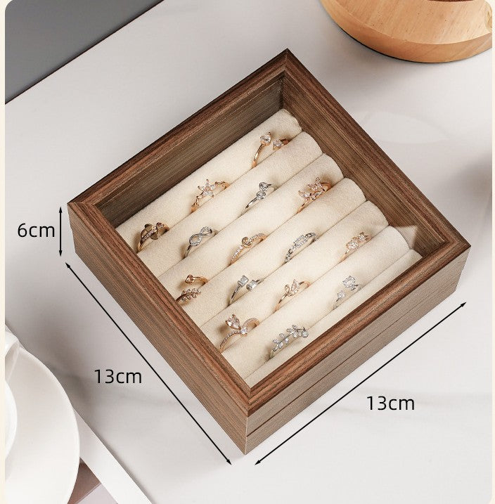 Shopclassy shop mini cute box Jewelry display box walnut grain jewelry box flip-top ring stud earrings jewelry box glass with lid storage box