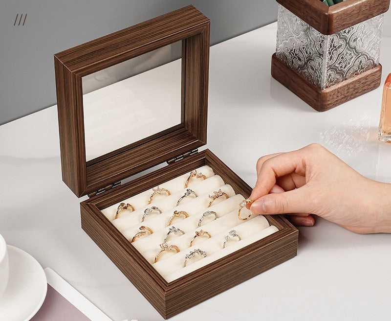 Shopclassy shop mini cute box Jewelry display box walnut grain jewelry box flip-top ring stud earrings jewelry box glass with lid storage box