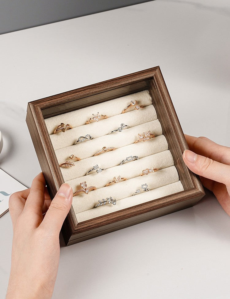 Shopclassy shop mini cute box Jewelry display box walnut grain jewelry box flip-top ring stud earrings jewelry box glass with lid storage box