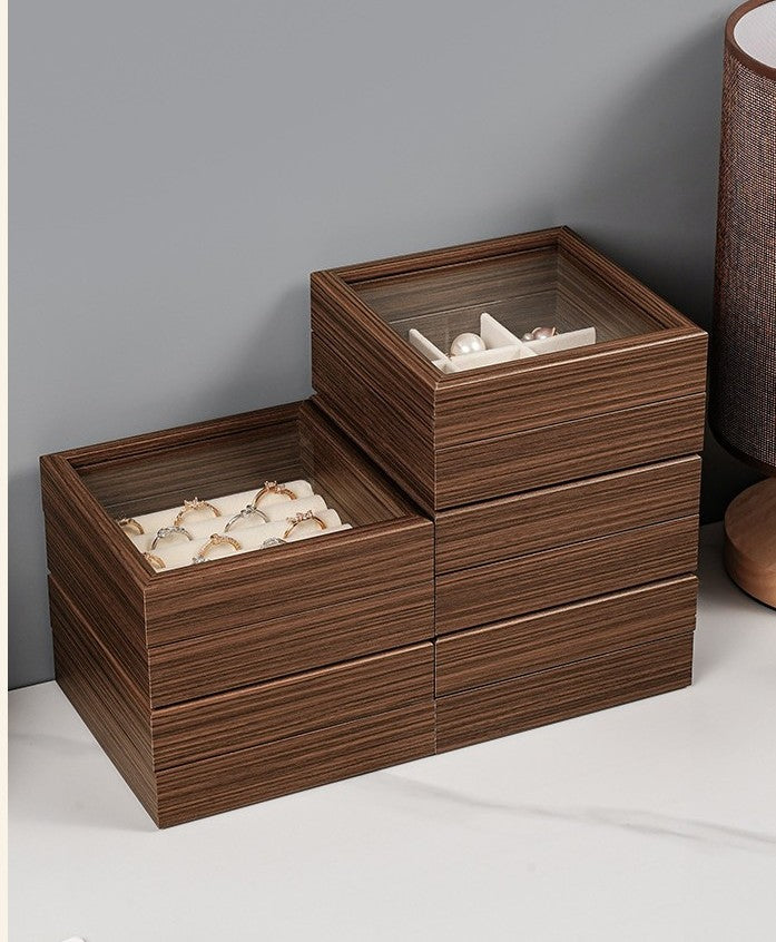 Shopclassy shop mini cute box Jewelry display box walnut grain jewelry box flip-top ring stud earrings jewelry box glass with lid storage box