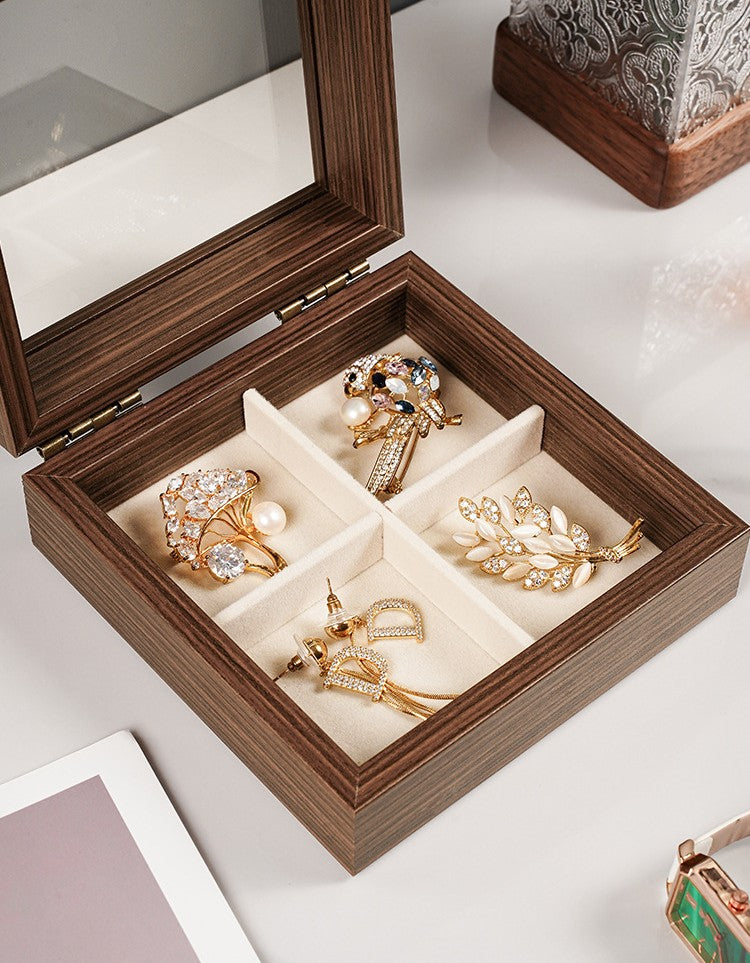 Shopclassy shop mini cute box Jewelry display box walnut grain jewelry box flip-top ring stud earrings jewelry box glass with lid storage box