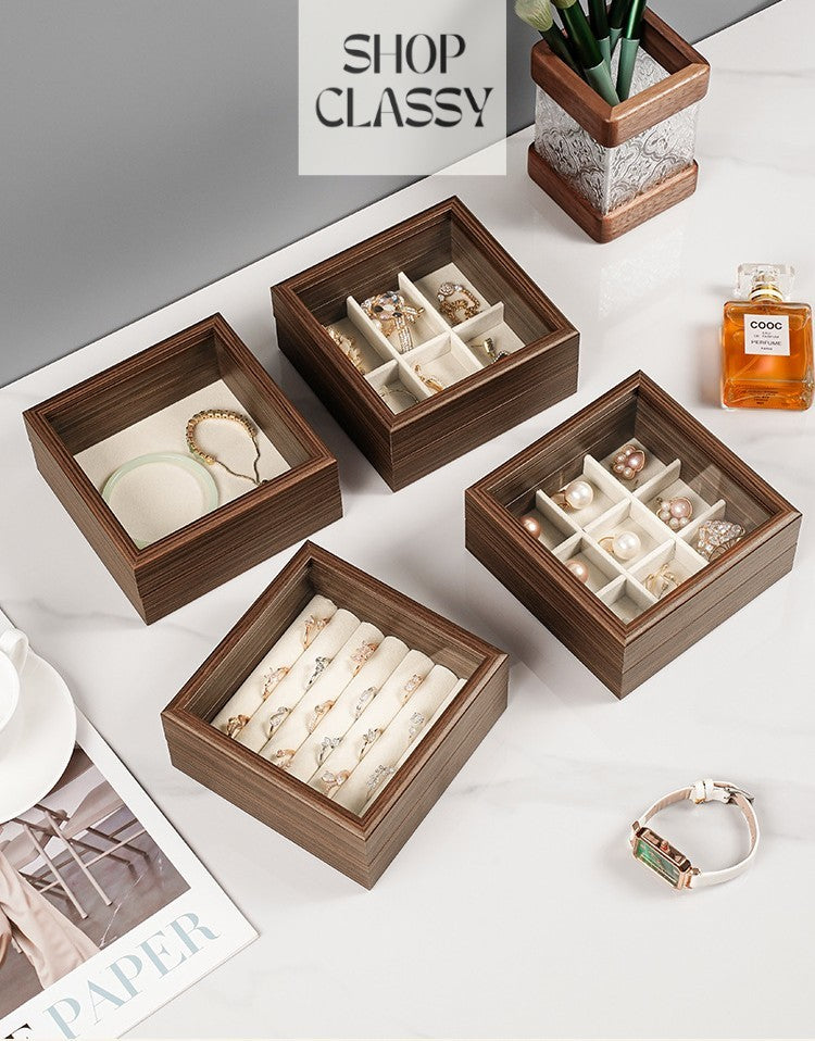 Shopclassy shop mini cute box Jewelry display box walnut grain jewelry box flip-top ring stud earrings jewelry box glass with lid storage box