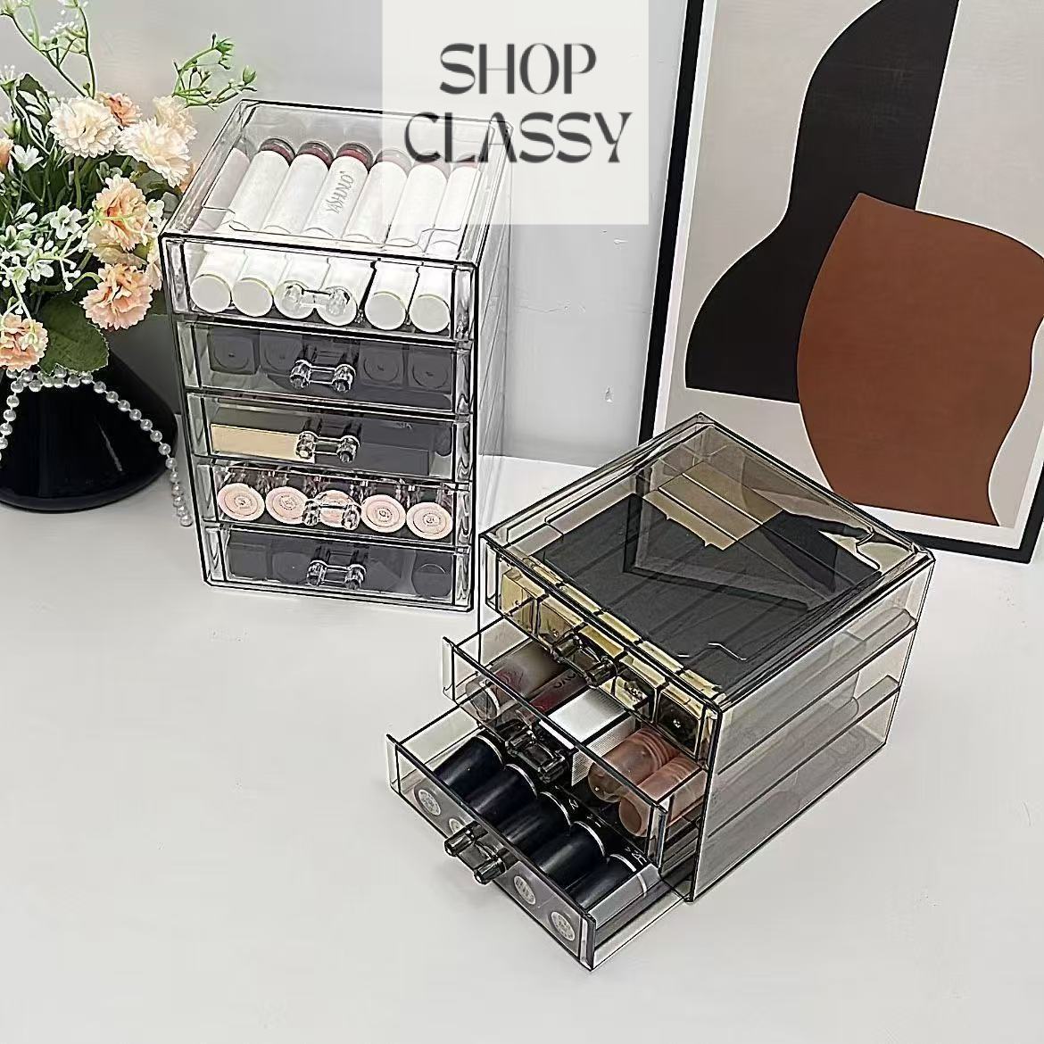 Shopclassyshop Stackable Desktop cosmetic storage box lipstick Organizer dust-proof drawer-style storage makeup box