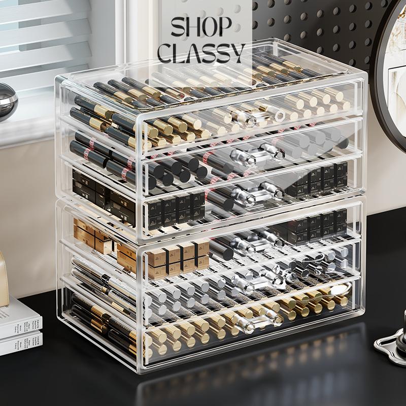 Shopclassyshop Multifunctional Lipstick Storage Box Desktop Makeup Drawer Organizer Lip Gloss Eyeshadow Makeup Transparent Dustproof Storage