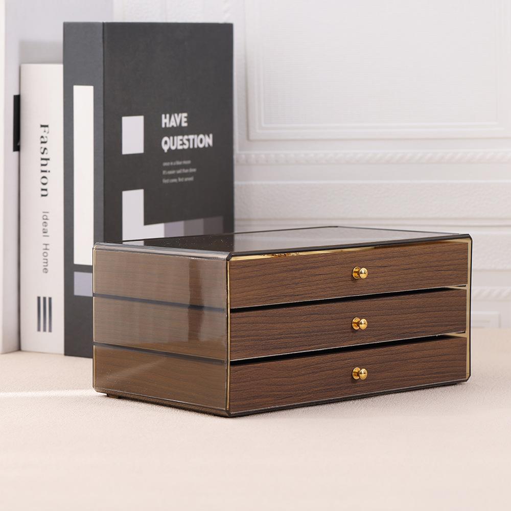 Shopclassyshop High-end jewelry storage box with walnut wood grain, multi-layer compartments for rings, studs, earrings, and accessories
