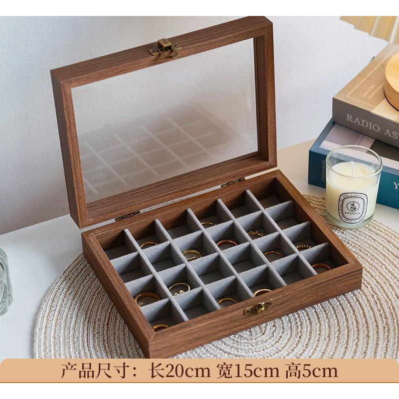 High-end jewelry storage box with walnut wood grain, multi-layer compartments for rings, studs, earrings, and accessories