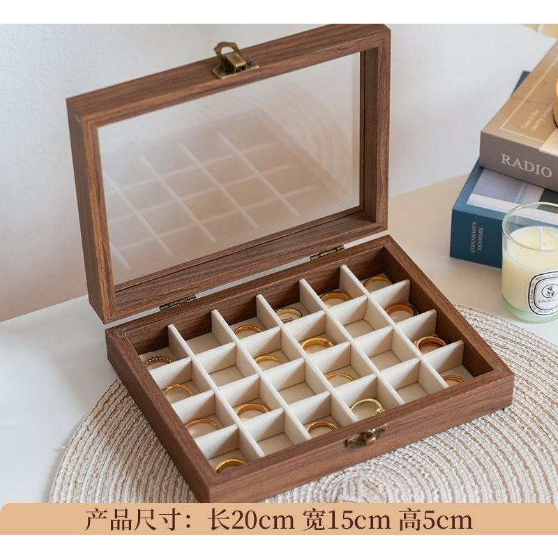 High-end jewelry storage box with walnut wood grain, multi-layer compartments for rings, studs, earrings, and accessories