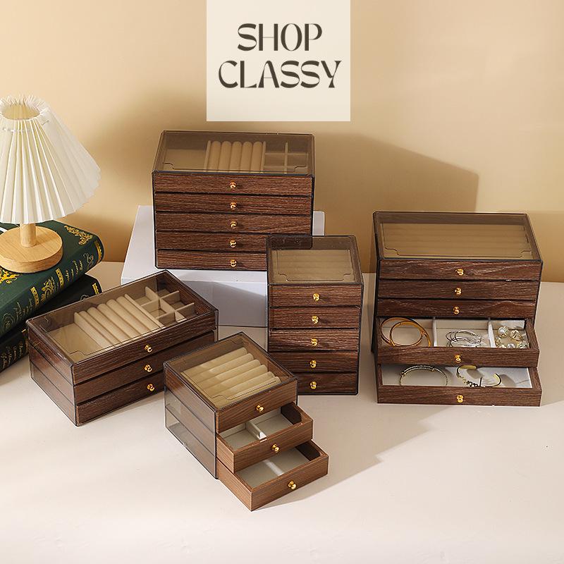 Shopclassyshop High-end jewelry storage box with walnut wood grain, multi-layer compartments for rings, studs, earrings, and accessories