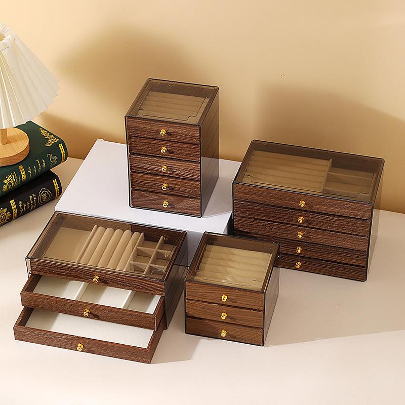 Shopclassyshop High-end jewelry storage box with walnut wood grain, multi-layer compartments for rings, studs, earrings, and accessories