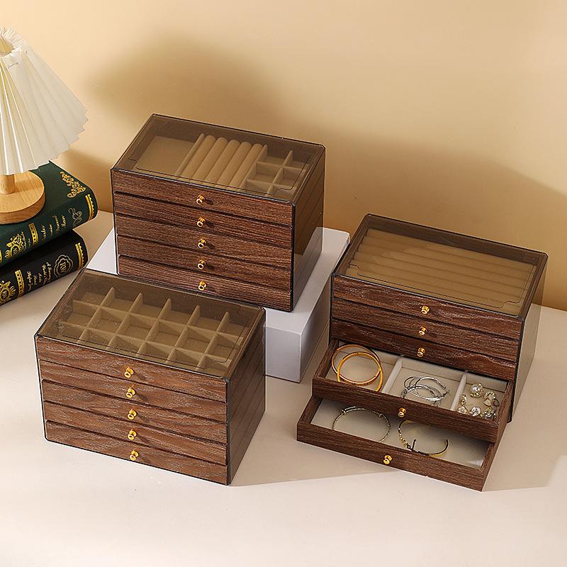 Shopclassyshop High-end jewelry storage box with walnut wood grain, multi-layer compartments for rings, studs, earrings, and accessories