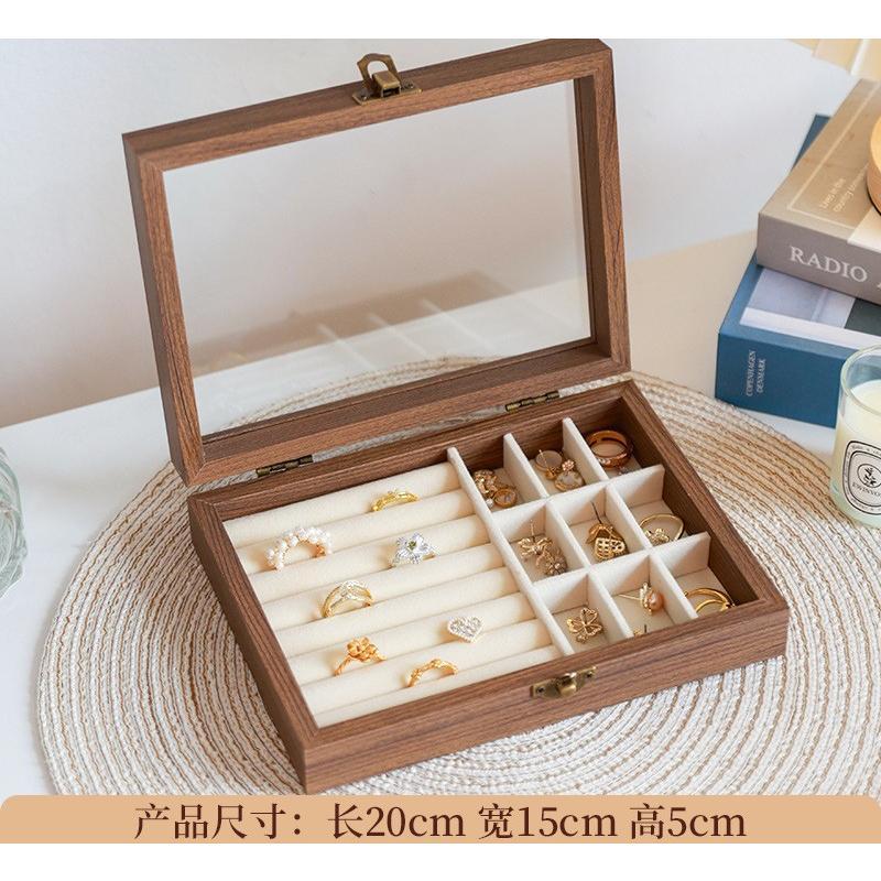 High-end jewelry storage box with walnut wood grain, multi-layer compartments for rings, studs, earrings, and accessories