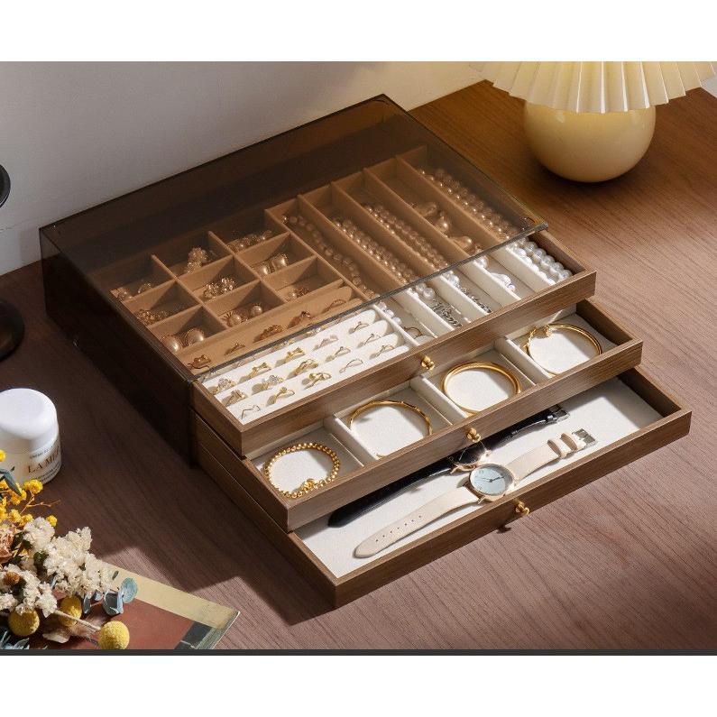 Shopclassyshop Extra-large walnut wood grain jewelry storage box for gold jewelry  pearl necklaces earrings bracelets pendants accessories