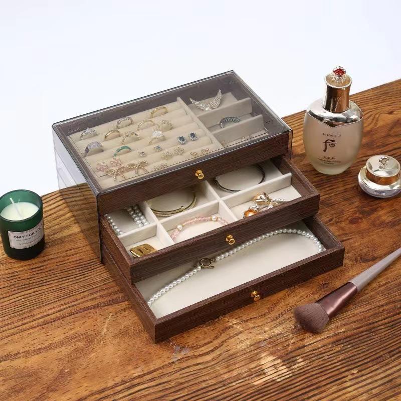 Shopclassyshop High-end jewelry storage box with walnut wood grain, multi-layer compartments for rings, studs, earrings, and accessories