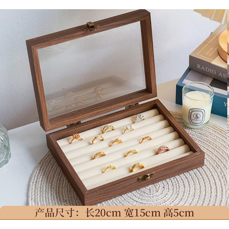 High-end jewelry storage box with walnut wood grain, multi-layer compartments for rings, studs, earrings, and accessories