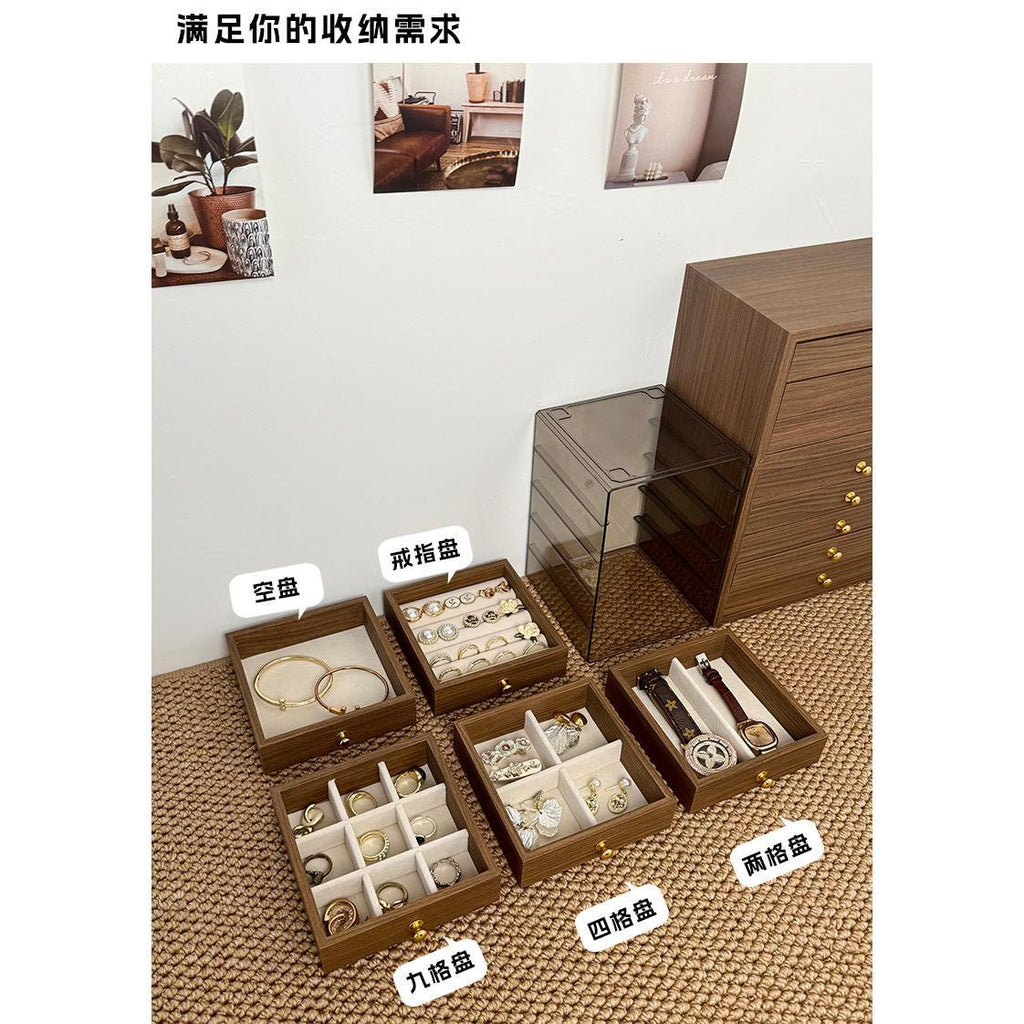 Shopclassyshop High-end jewelry storage box with walnut wood grain, multi-layer compartments for rings, studs, earrings, and accessories