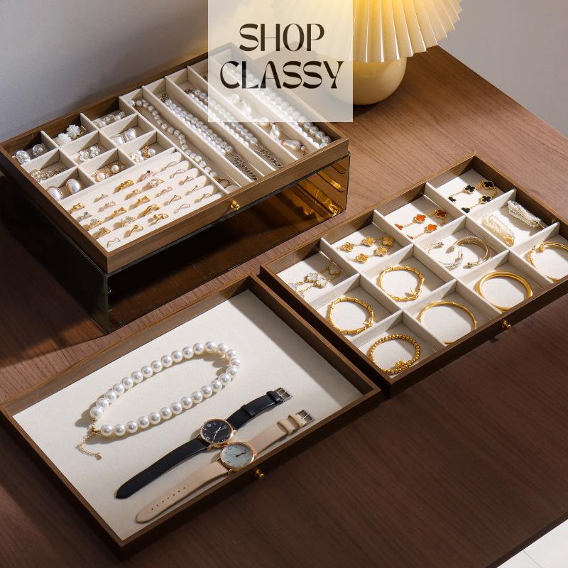 Shopclassyshop Extra-large walnut wood grain jewelry storage box for gold jewelry  pearl necklaces earrings bracelets pendants accessories