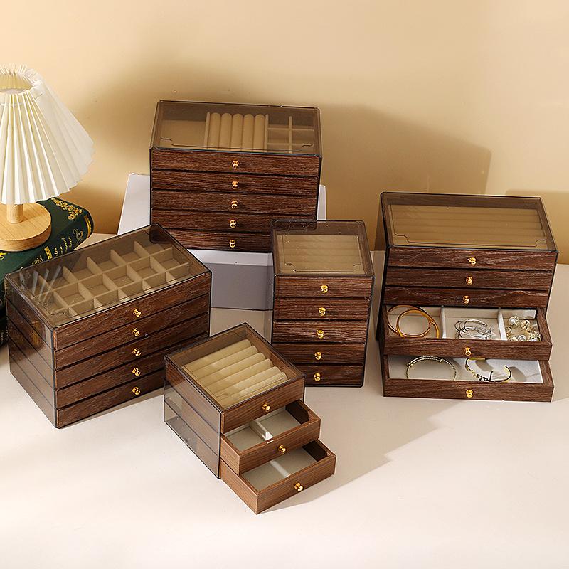 Shopclassyshop High-end jewelry storage box with walnut wood grain, multi-layer compartments for rings, studs, earrings, and accessories