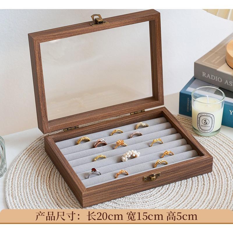 High-end jewelry storage box with walnut wood grain, multi-layer compartments for rings, studs, earrings, and accessories