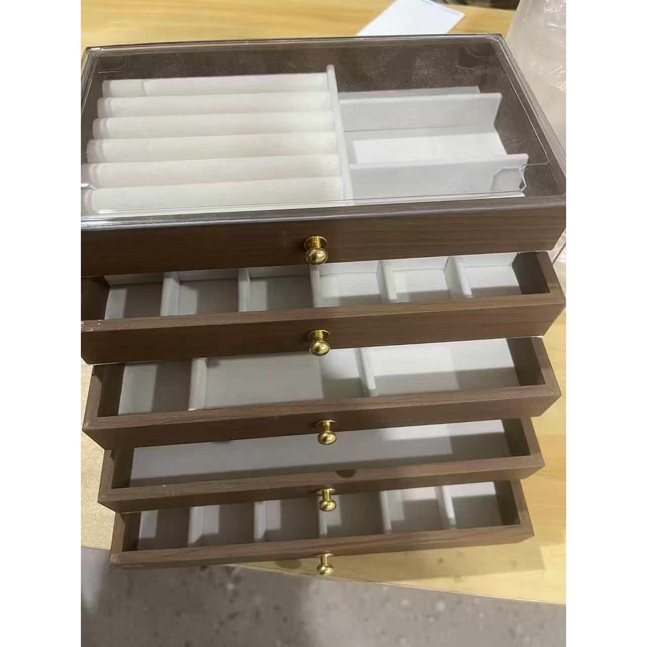 High-end jewelry storage box with walnut wood grain, multi-layer compartments for rings, studs, earrings, and accessories