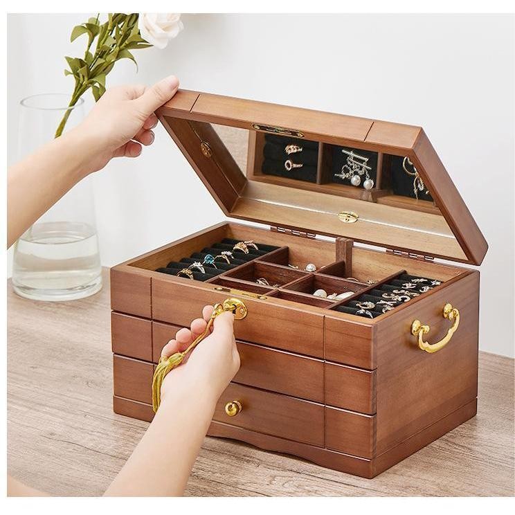 Shopclassyshop Solid wood jewelry organizer box with full lock large capacity multifunctional jewelry Organizer  box