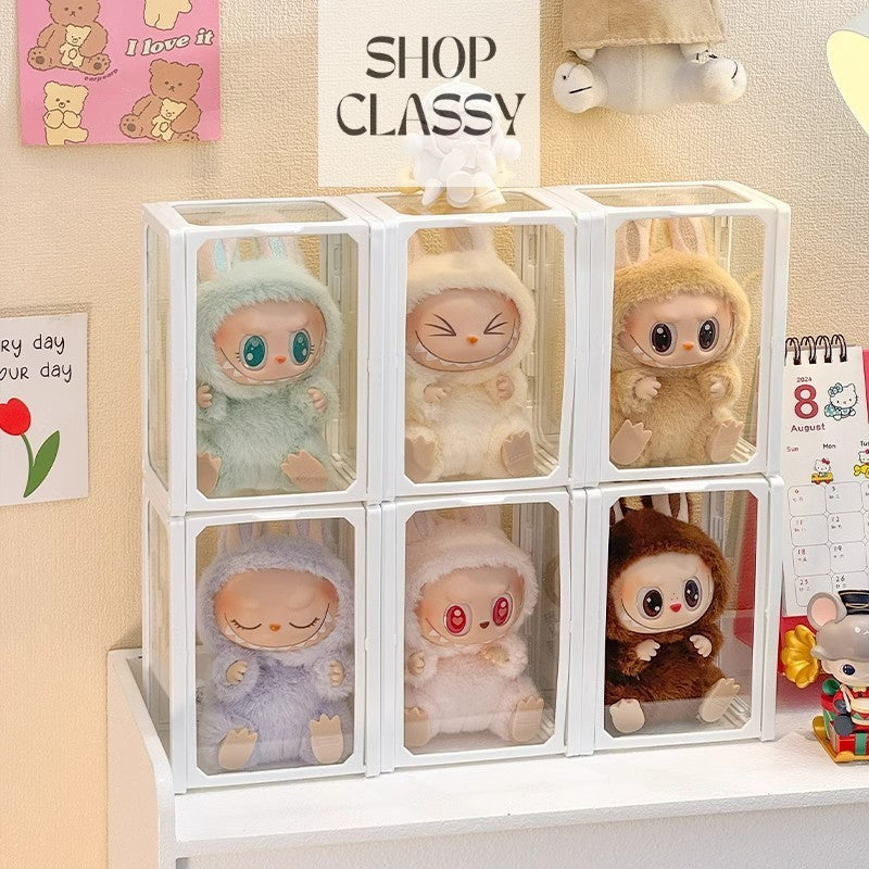 Shopclassyshop Glass Display Box single fits labubu display box pull cloth doll organizer storage box