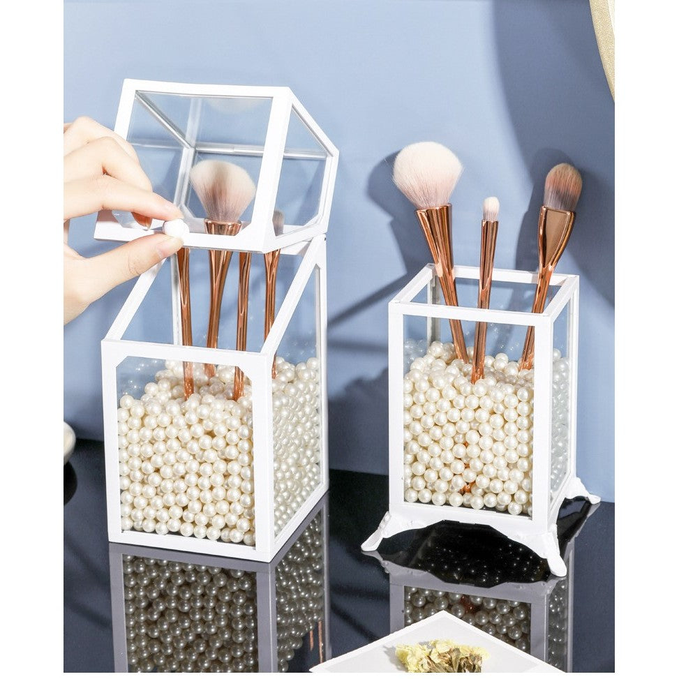 Shopclassyshop Glass Markup Brush organizer Holder White Frame Classy Metal with Beads