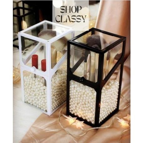 Shopclassyshop Glass Markup Brush organizer Holder White Frame Classy Metal with Beads