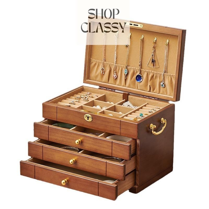 Shopclassyshop Solid wood jewelry organizer box with full lock large capacity multifunctional jewelry Organizer  box
