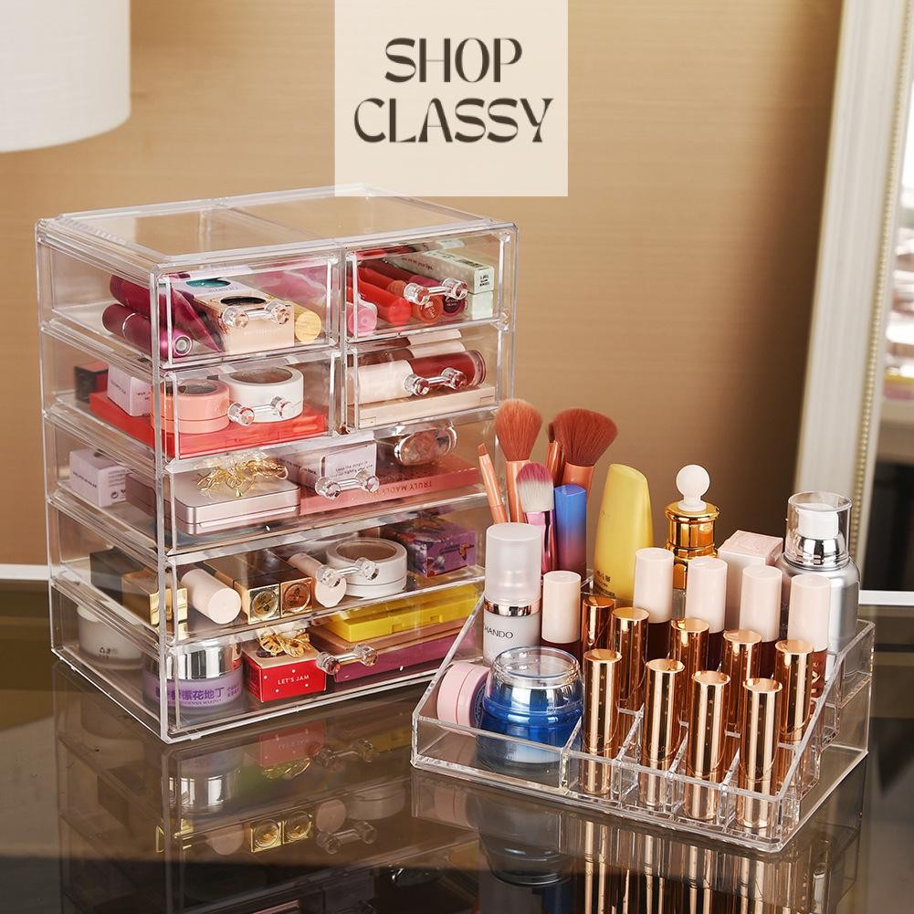 Shopclassyshop Extra Big All-in-one cosmetics drawer organizer storage box desktop drawer with lipstick holder organizer