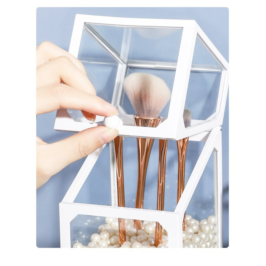 Shopclassyshop Glass Markup Brush organizer Holder White Frame Classy Metal with Beads