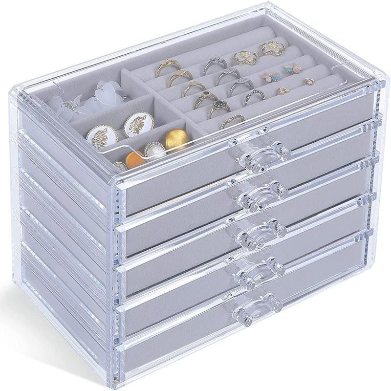 ShopClassyshop Five drawer acrylic velvet storage box jewelry organizer necklace earrings ring display rack