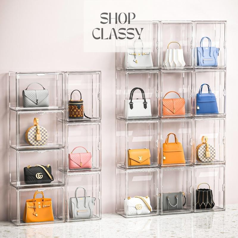 Shopclassyshop acrylic storage box for ladies handbag Collectable Bag box display magnetic suction luxury dust-proof