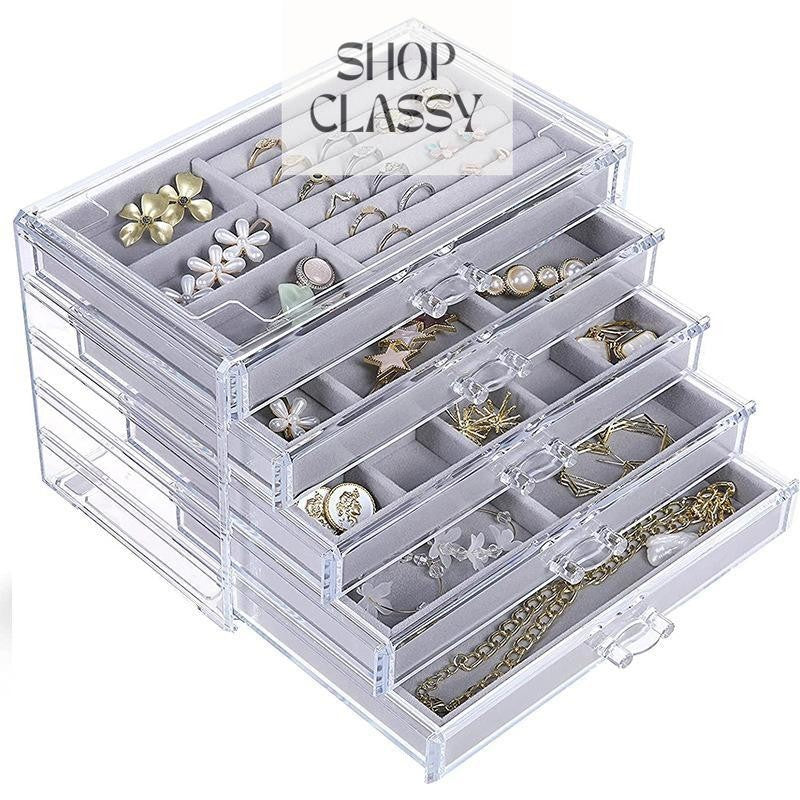 ShopClassyshop Five drawer acrylic velvet storage box jewelry organizer necklace earrings ring display rack