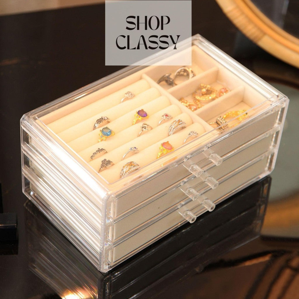 SG Stock ShopClassy Three drawer cosmetic storage box, jewelry necklace, earring ring display rack, velvet
