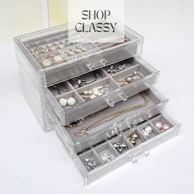SG Stock ShopClassy Four-drawer acrylic velvet storage box jewelry necklace earrings earrings ring necklace display