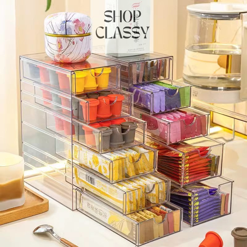 Shopclassyshop Desktop Multi-layer Stackable Coffee and Tea Bag organizer Drawer-type Dust-proof storage box