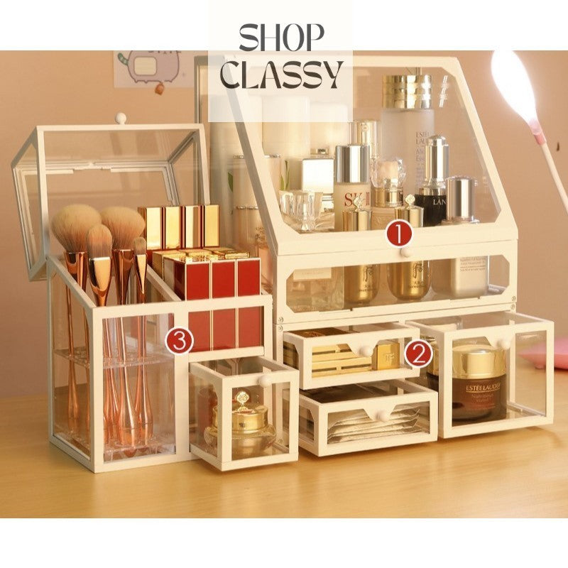 ShopClassy 3in1 Make up Glass Storage Box for Makeup, brush and Perfume