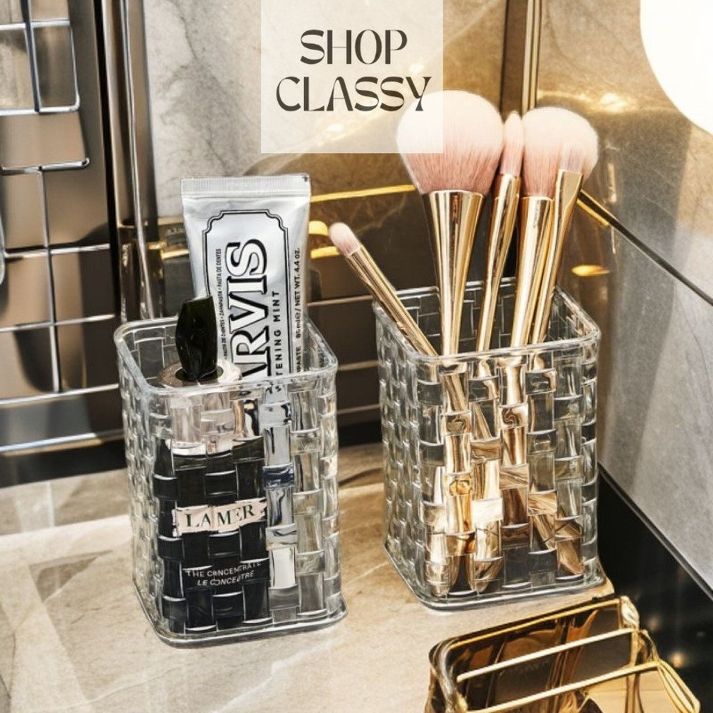 Shopclassyshop Acrylic woven pattern simple and elegant cosmetics brush bucket desktop pen storage bucket