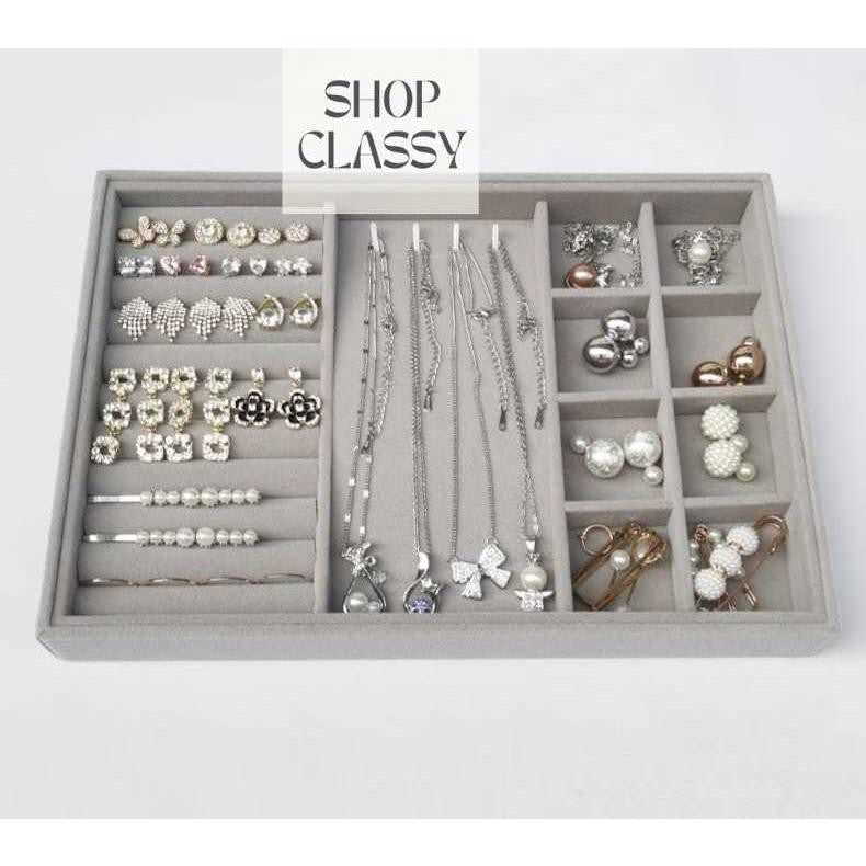 Shopclassyshop Large Compartment Jewelry Tray Box Velvet Ring Earrings Plate Display Organizer