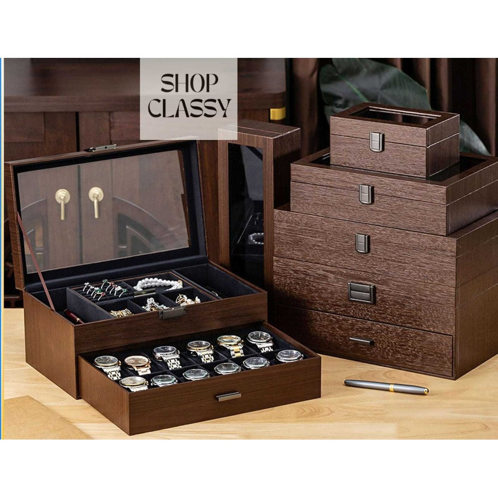 Shopclassyshop walnut wood grain watch jewelry integgrated storage box watch organizer storage box