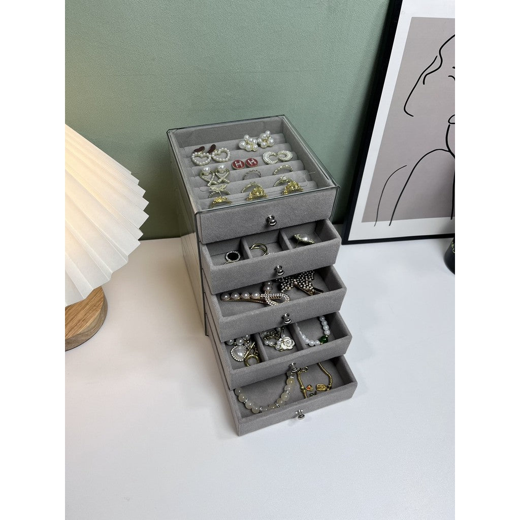 Shopclassyshop MINI 5 layer Exquisite transparent Cream jewelry box drawer women's velvet ring earrings necklace display