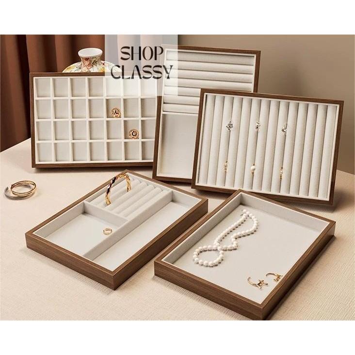 Shopclassyshop Large Compartment Jewelry wood Tray Box Velvet Ring Earrings Plate Display Organizer for drawer
