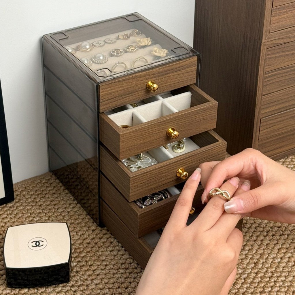 Shopclassyshop MINI 5 layer Wood Exquisite jewelry organizer box drawer women's velvet ring earrings necklace display