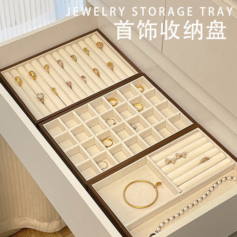 Shopclassyshop Large Compartment Jewelry wood Tray Box Velvet Ring Earrings Plate Display Organizer for drawer