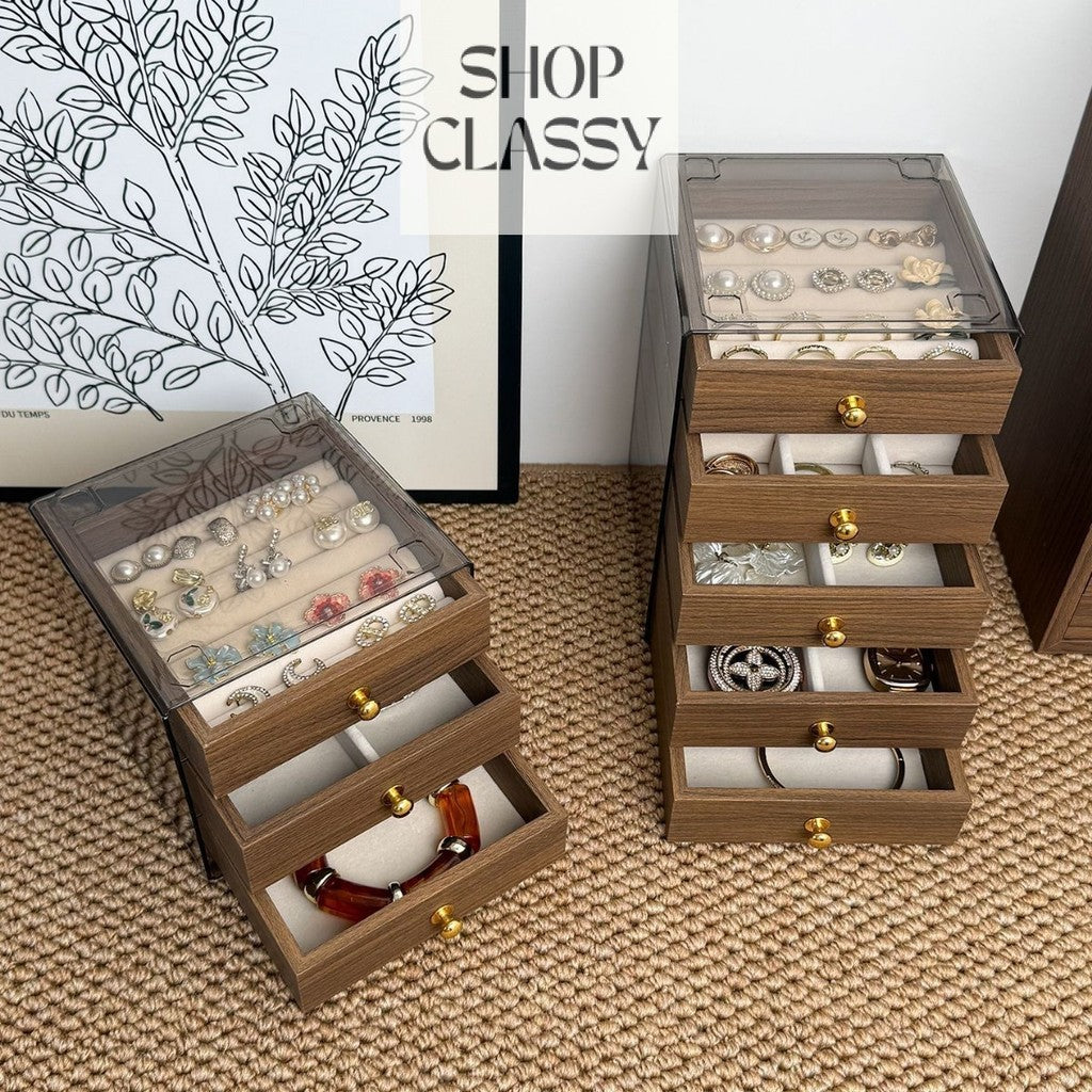 Shopclassyshop MINI 5 layer Wood Exquisite jewelry organizer box drawer women's velvet ring earrings necklace display