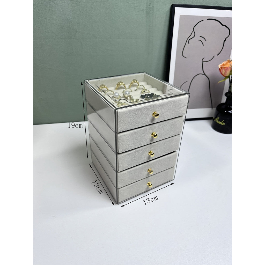 Shopclassyshop MINI 5 layer Exquisite transparent Cream jewelry box drawer women's velvet ring earrings necklace display