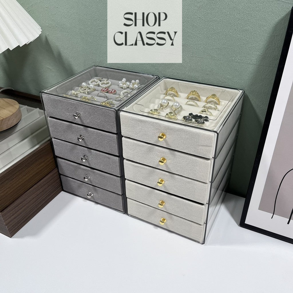 Shopclassyshop MINI 5 layer Exquisite transparent Cream jewelry box drawer women's velvet ring earrings necklace display