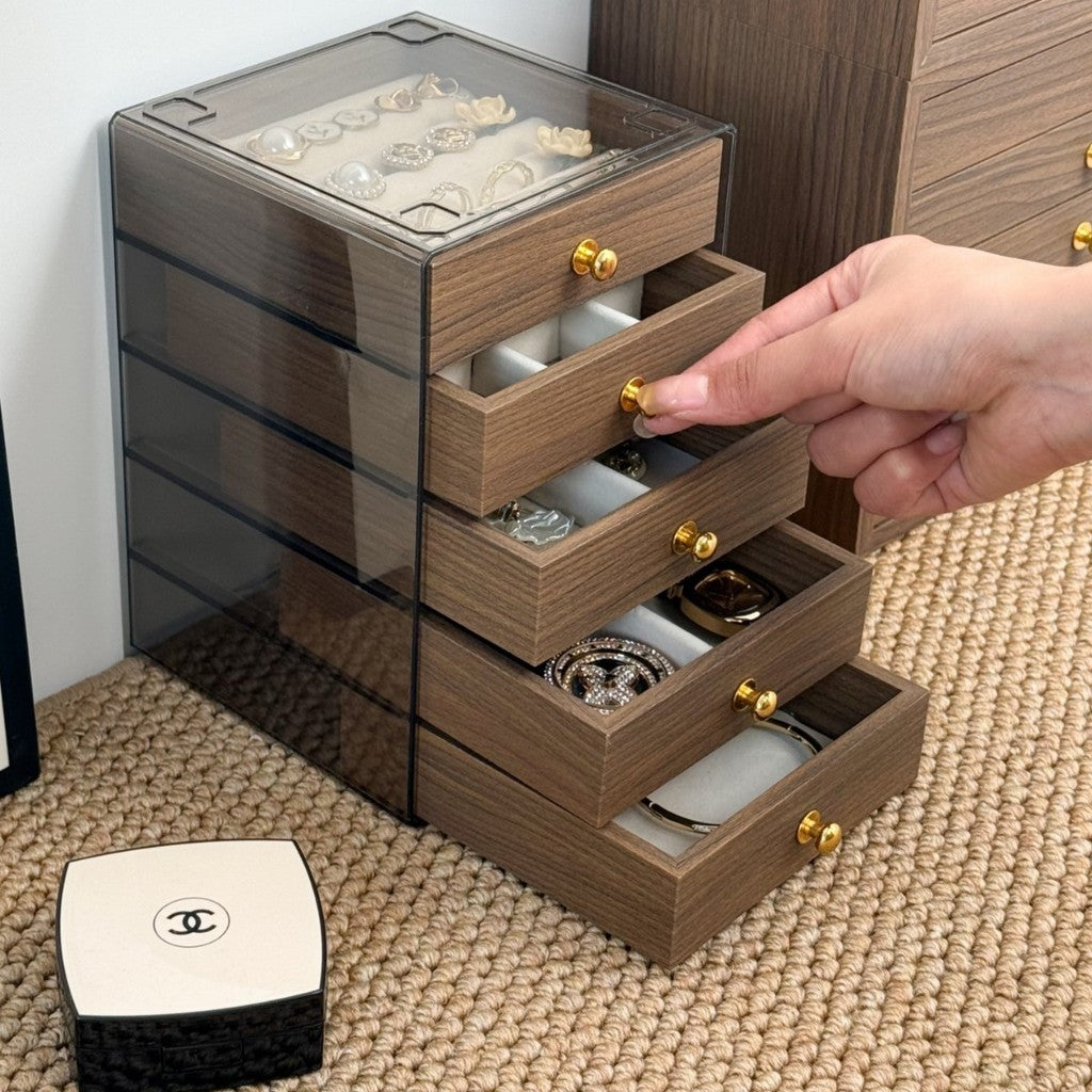 Shopclassyshop MINI 5 layer Wood Exquisite jewelry organizer box drawer women's velvet ring earrings necklace display